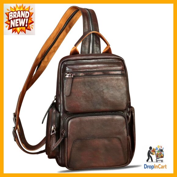 Genuine Leather Sling Backpack Crossbody Daypack Adjustable Strap Multi-Pocket